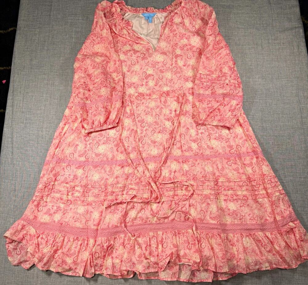 Draper James Pink Floral V-Neck Long Sleeve Belted A-Line Dress Size M